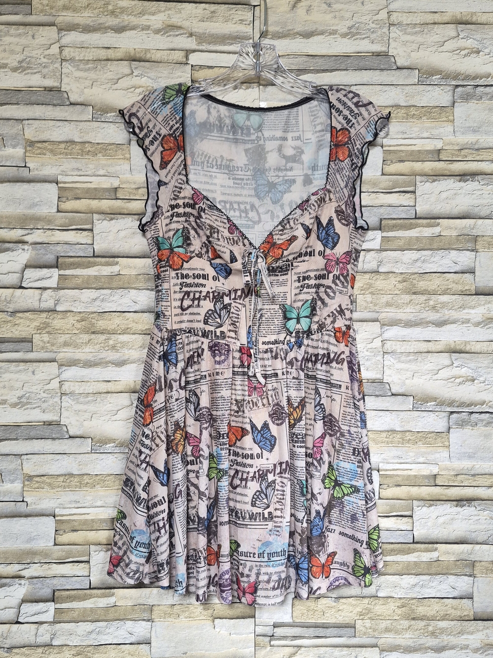​SHEIN Skort Dress Womens M Beige Newspaper Butterfly Print Grunge Fairycore